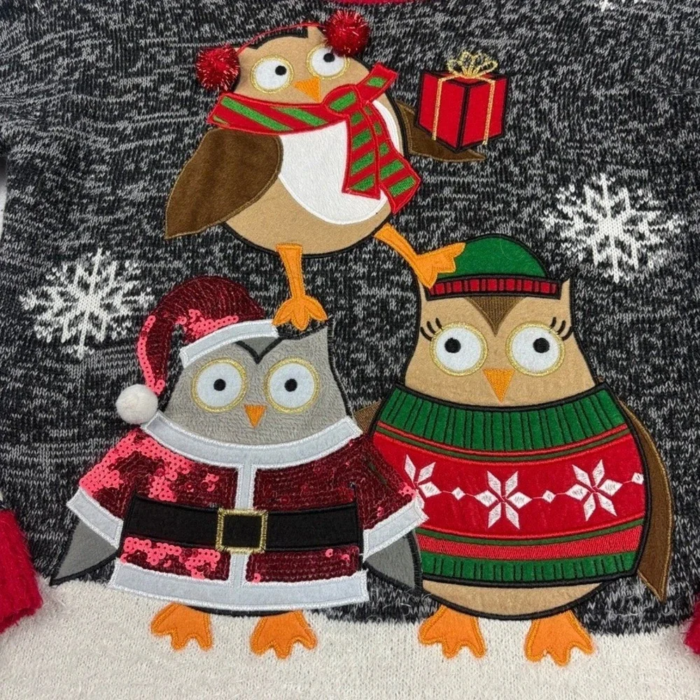 United States Sweaters Women M Holiday Owl Christmas‎ Black Red Whimsical Quirky